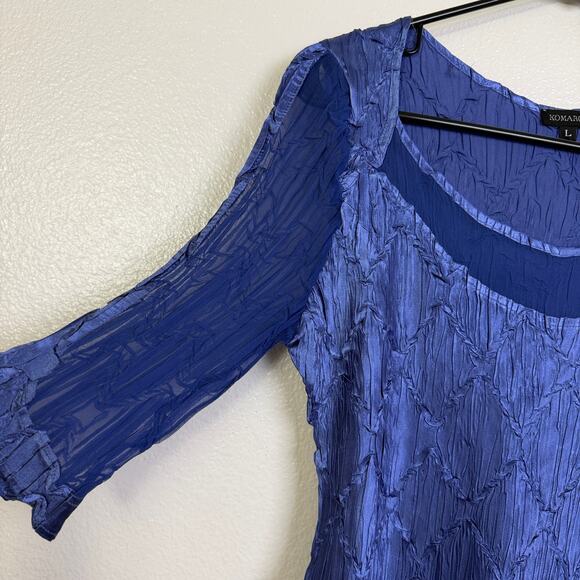 Komarov Crinkle Top Womens Large Blue Short Sleeve Shirt Sheer Holiday Sheen USA - Picture 2 of 8